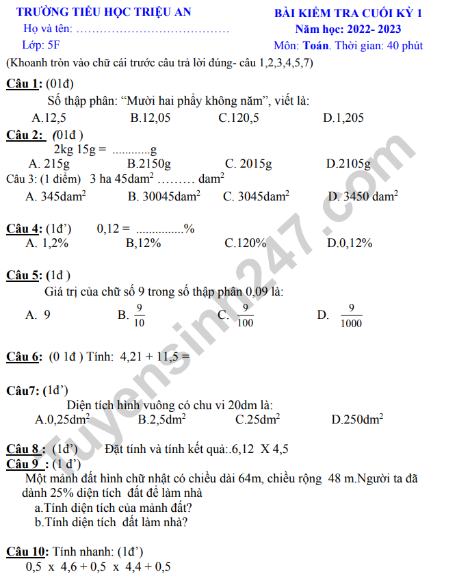 Tổng hợp tài liệu toán lớp 5 có đáp án chi tiết và mới nhất